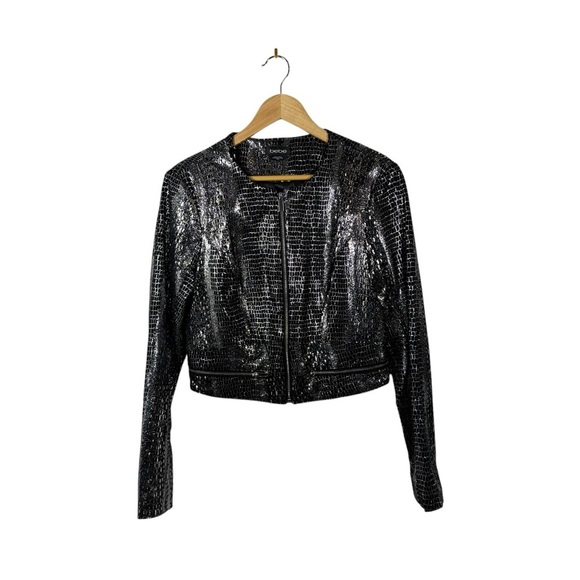 VINTAGE Y2K Bebe Genuine Leather Metallic Snake Crop Moto Jacket Black/Silver M - Picture 1 of 11